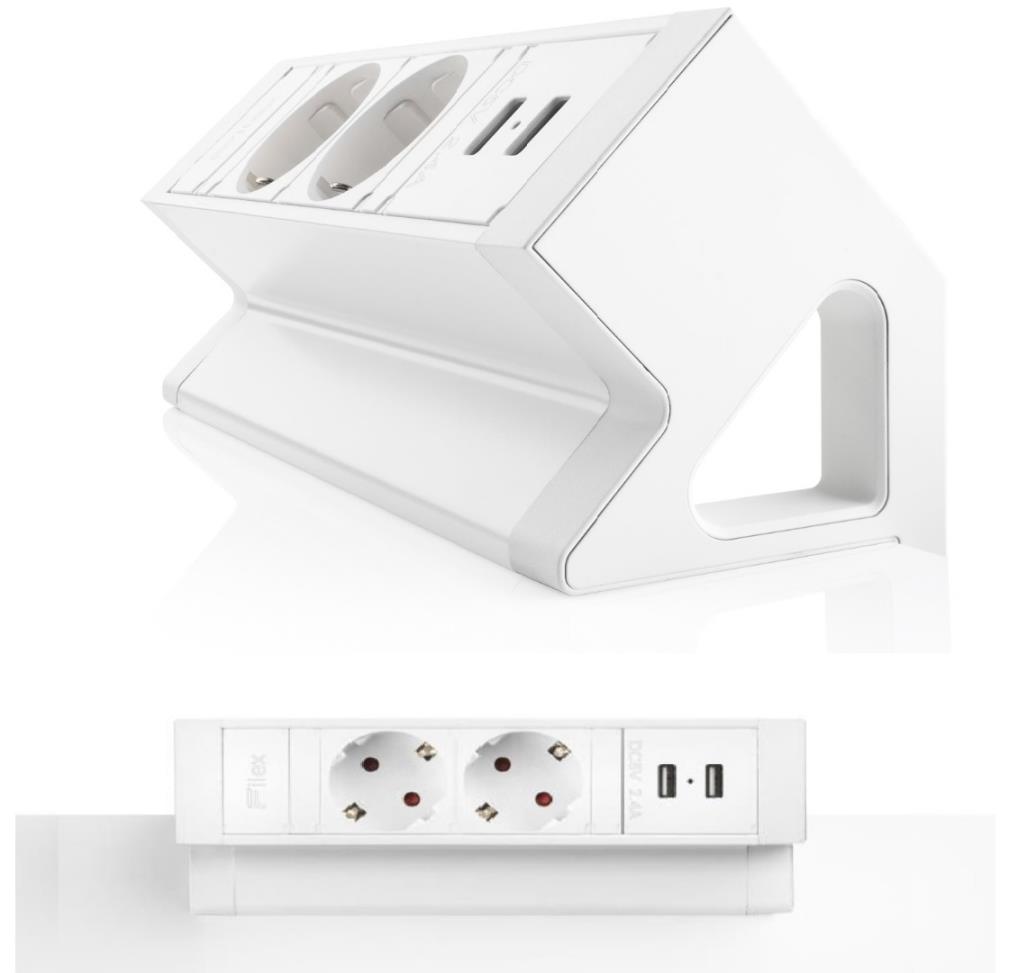 Power Desk Up 2.0, 2x 230V, 2x USB Charge, Filex, Wit
