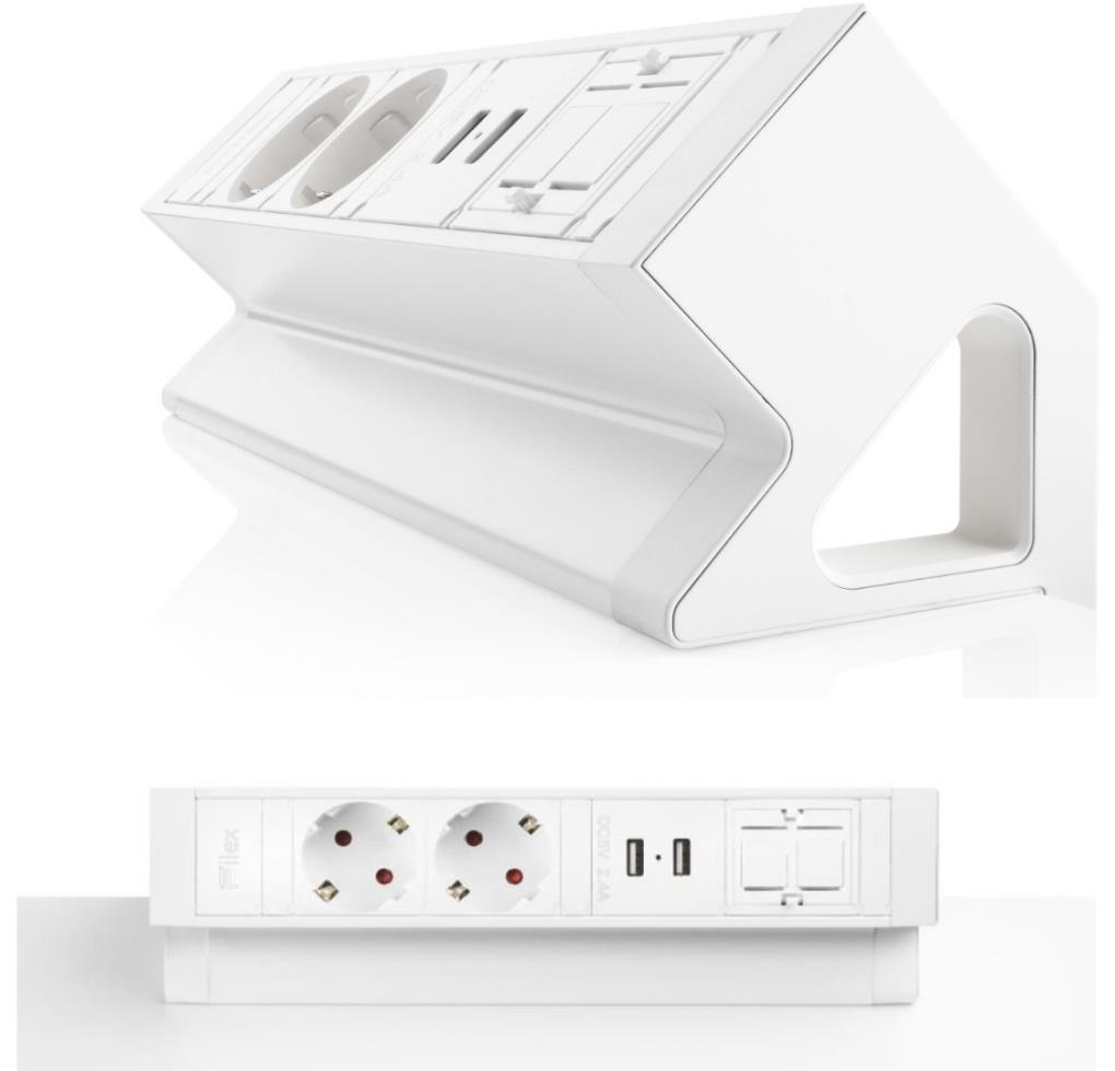 Power Desk Up 2.0, 2x 230V, 2x USB Charge, 1x Keystone, Filex, Wit