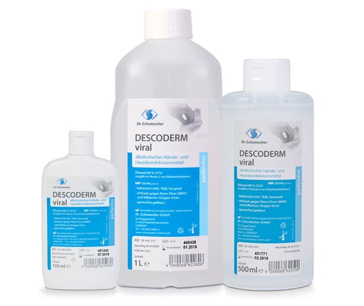 Hand en Huid Desinfectiemiddel, Descoderm Viral, Tegen Virussen, HIV, NORO, MRSA, Dr Schumacher