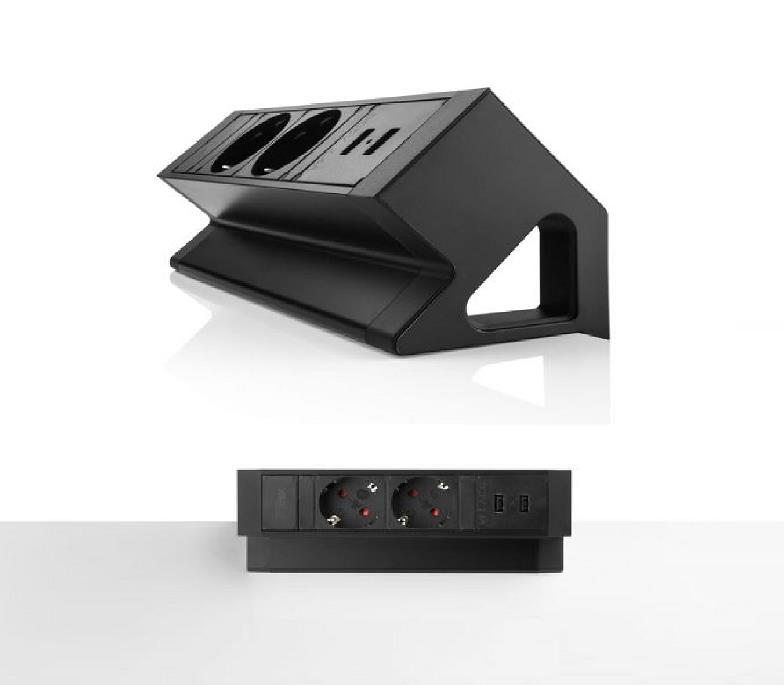 Power Desk Up 2.0, 2x 230V, 2x USB Charge, Filex, Zwart