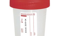 Opvangmateriaal, urinepotje met rode schroefdeksel inclusief etiket