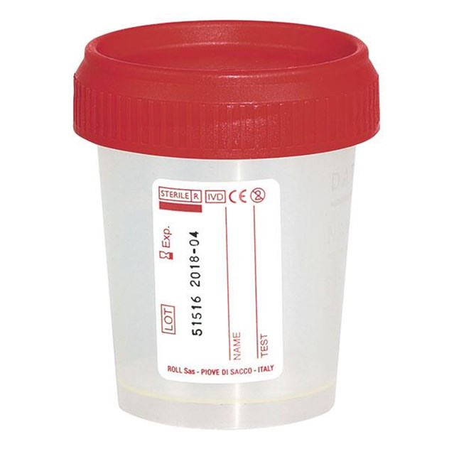 Opvangmateriaal, urinepotje met rode schroefdeksel inclusief etiket